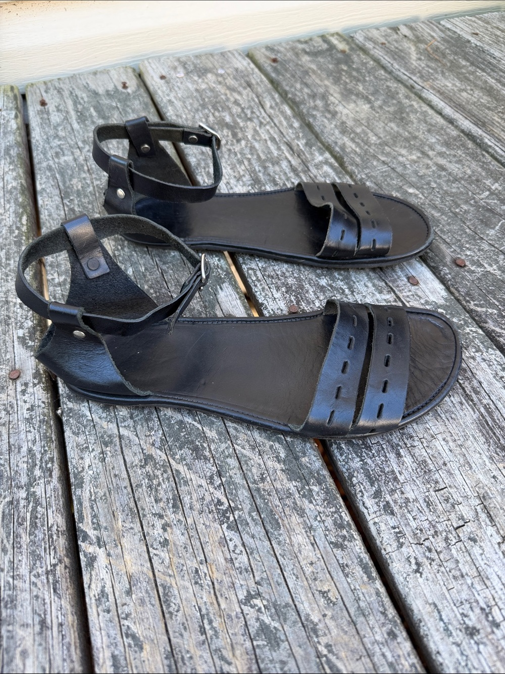 Black Leather Ankle-Strap Flat Sandals